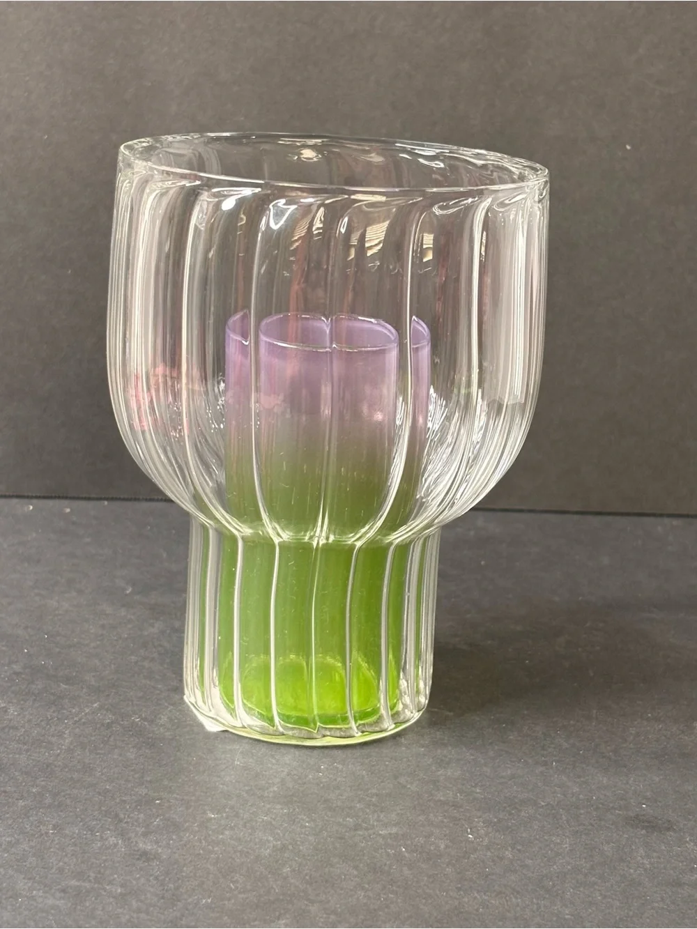 Anthropologie Lucia Neon Glass Vase Fluted Clear Outer Green & Purple Inside NWT
